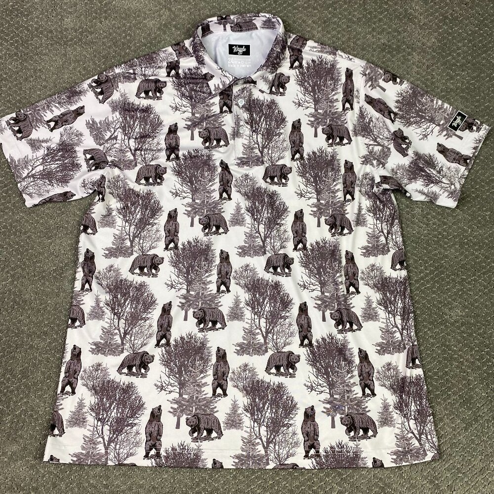 Waggle Golf Polo Shirt Men's 2XL Brown Grizzly Bear All Over Print Performance